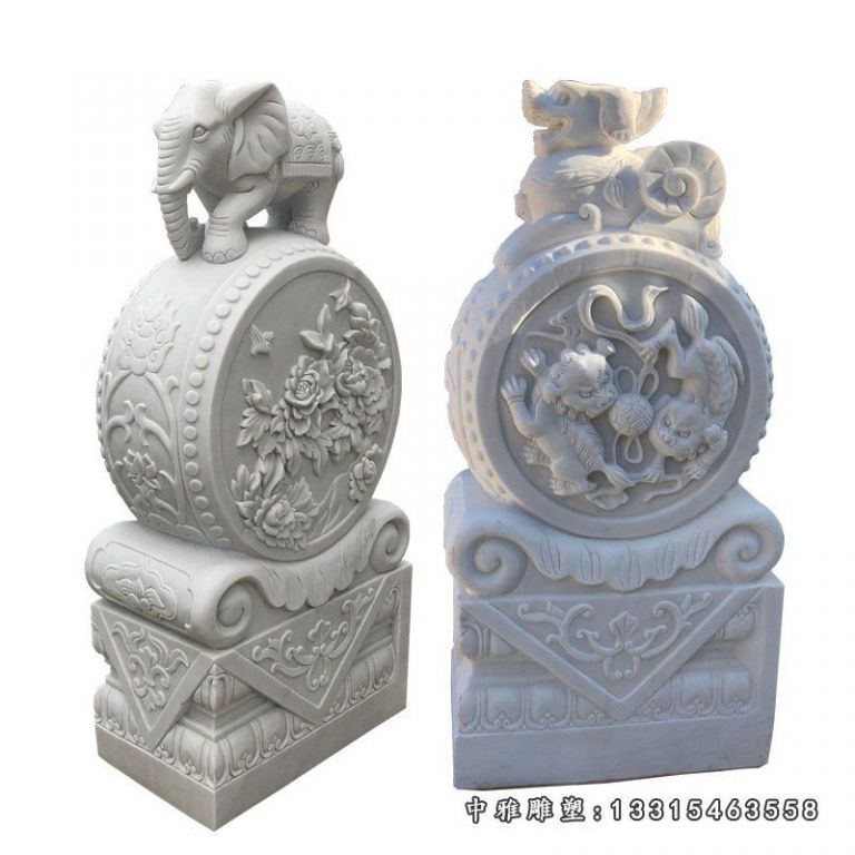 汉白玉门墩一对 石雕貔貅大象狮子抱鼓石 门口大理石招财石鼓摆件11461