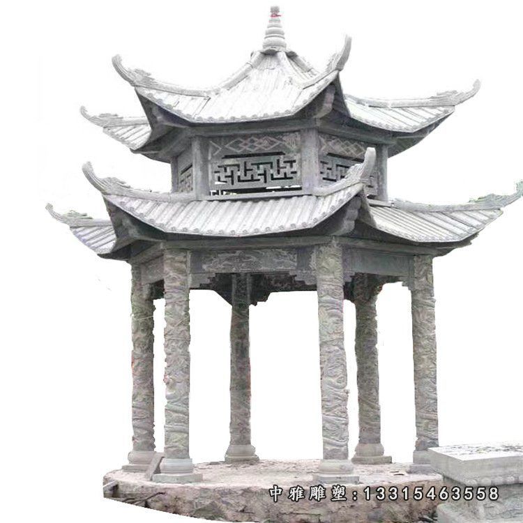 厂家加工设计复古石雕凉亭 汉白玉六角石亭子景观公园双层石凉亭40593