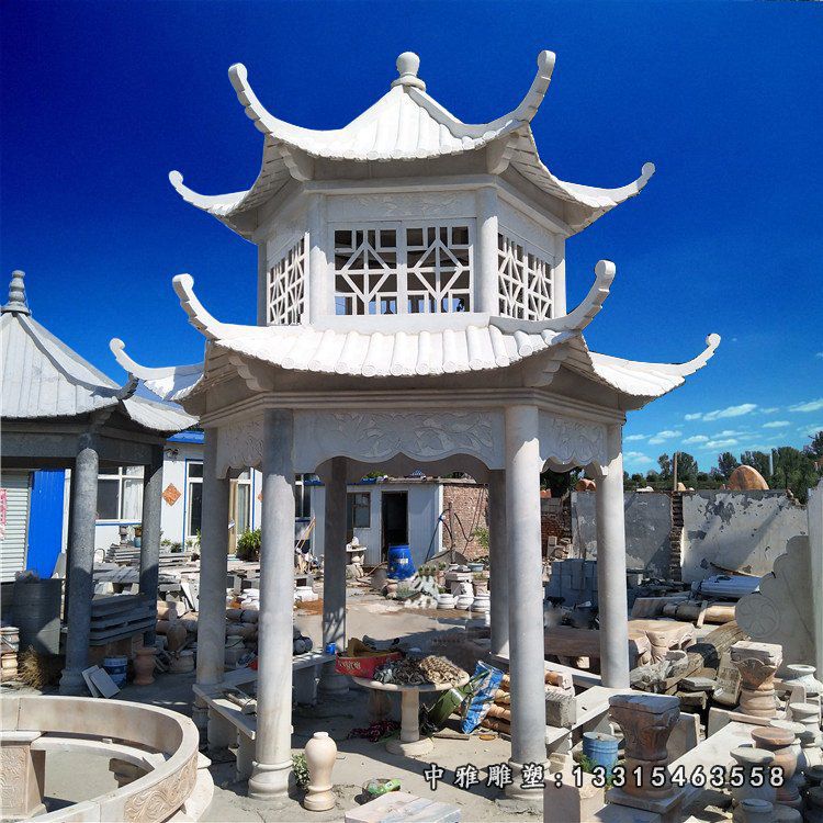 汉白玉六角双层凉亭 公园石雕凉亭