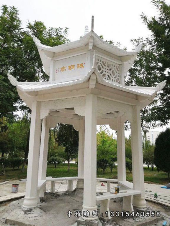 汉白玉六角双层凉亭石雕，公园石凉亭