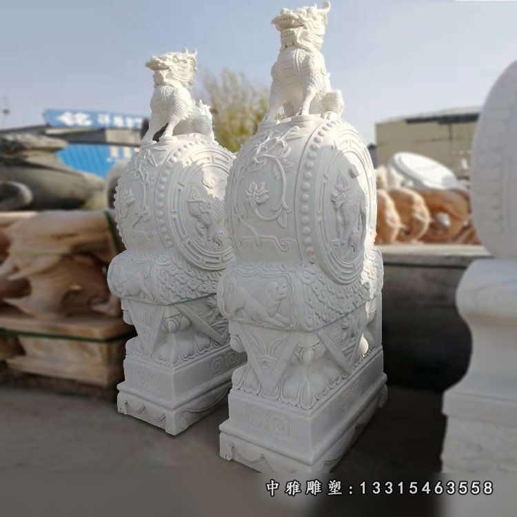 麒麟石雕门墩，汉白玉石门墩 (2)