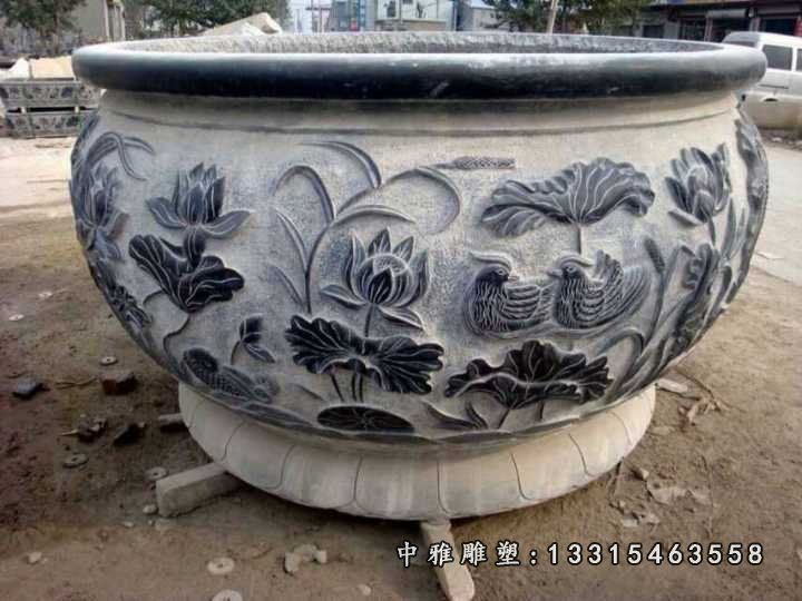 青石仿古鸳鸯浮雕水缸
