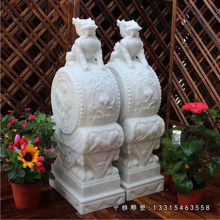 仿古门墩石雕 汉白玉貔貅抱鼓石 (2)