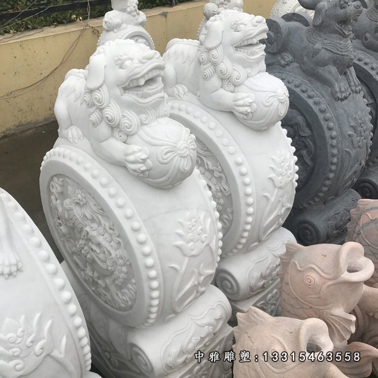 仿古门墩石雕 汉白玉貔貅抱鼓石 (1)