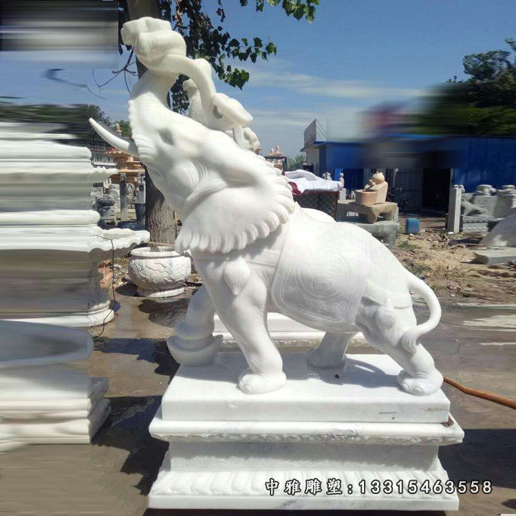 汉白玉象驮如意雕塑，石雕招财象