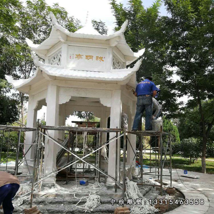 汉白玉双层凉亭石雕 公园六角凉亭石雕
