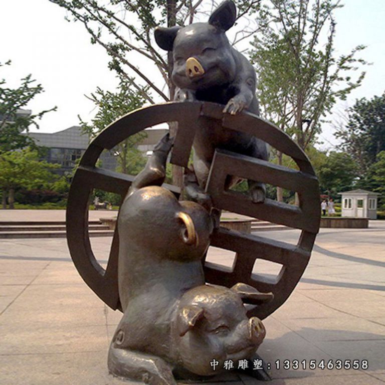 铜雕玩耍小猪雕塑