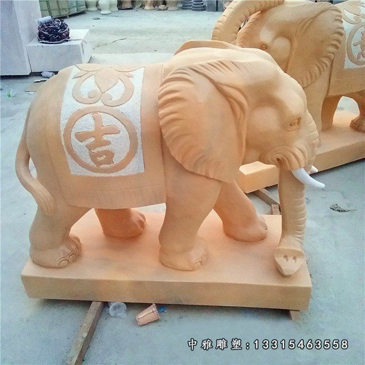 晚霞红吉祥如意小象石雕（2）