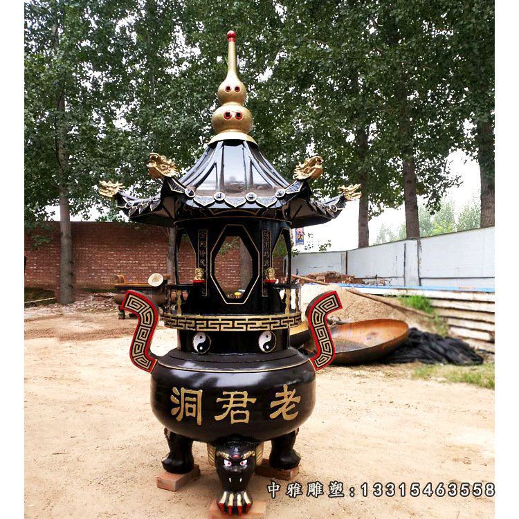 宗教庙宇三足带顶香炉铜雕