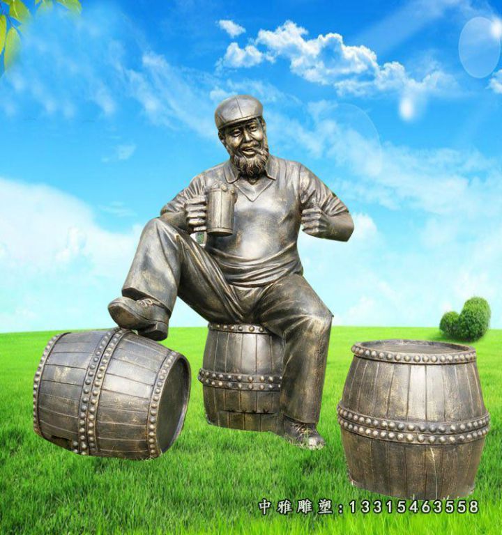 喝酒的老汉雕塑，玻璃钢仿铜人物摆件