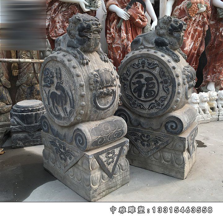 仿古石雕门墩，青石抱鼓石