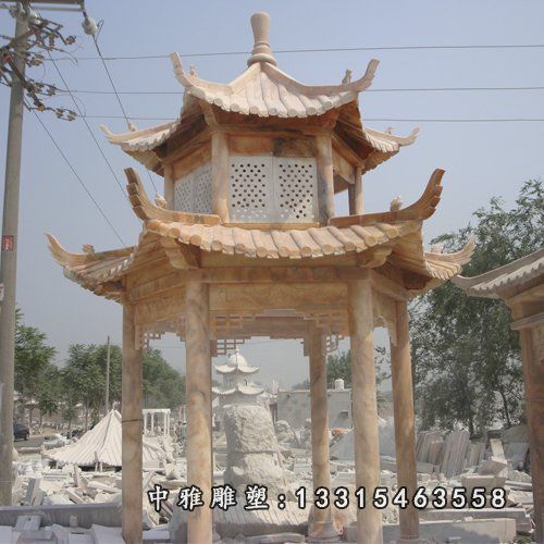 双层凉亭石雕，晚霞红凉亭雕塑 (1)