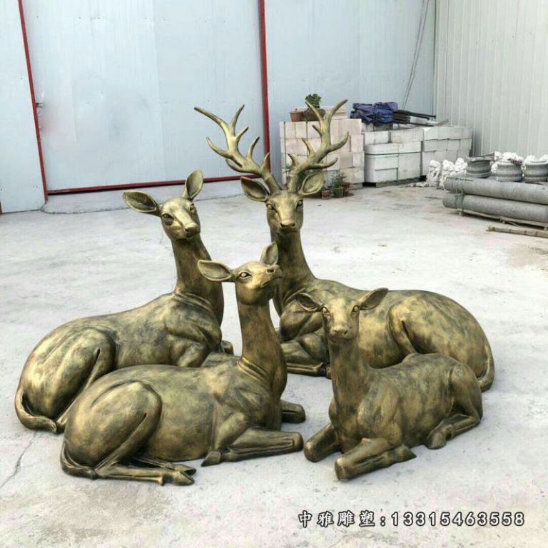 卧草地的仿铜小鹿雕塑 玻璃钢仿铜梅花鹿 摆件 (3)