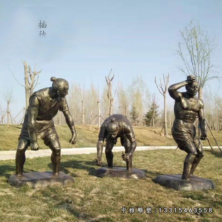 古人插秧雕塑，玻璃钢仿铜农耕人物雕塑 (3)