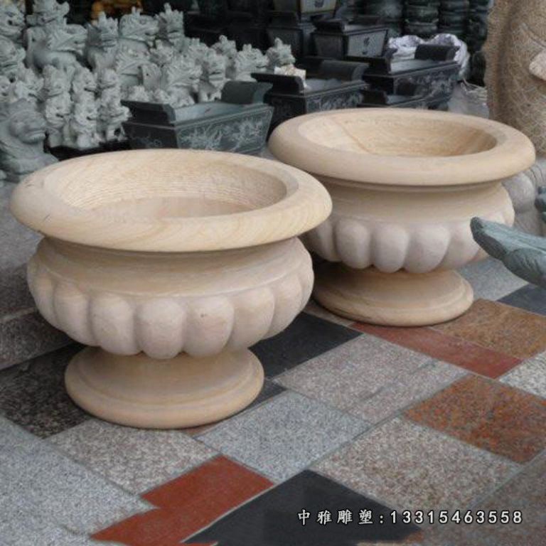 晚霞红花盆雕塑，石雕花盆 (2)