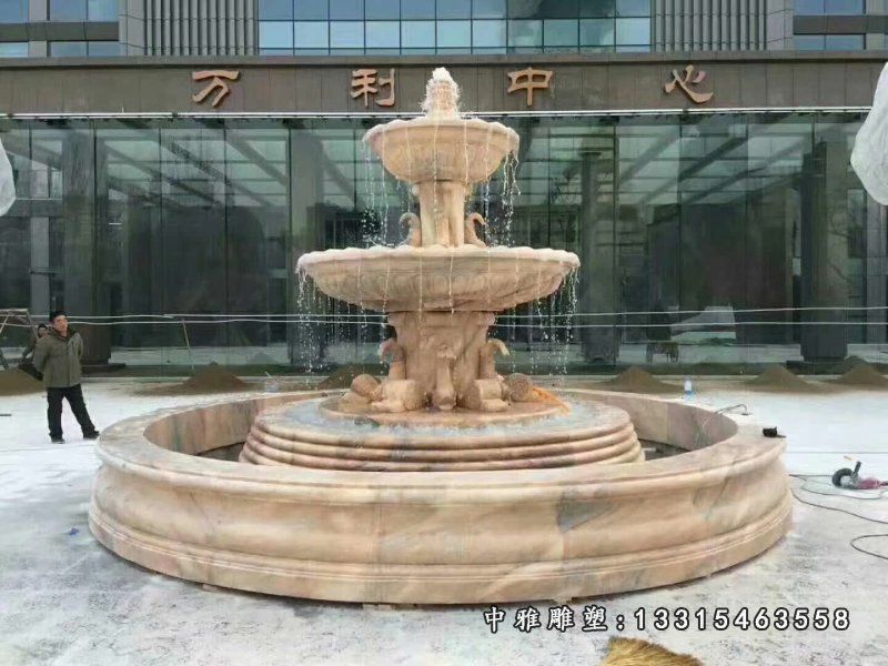 晚霞红双层鲤鱼喷泉石雕