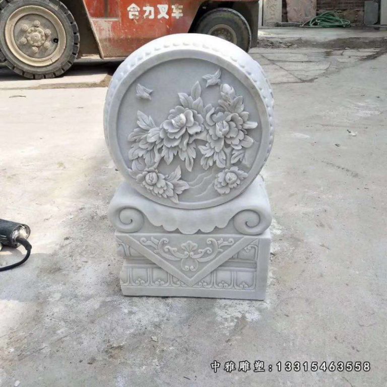 汉白玉花开富贵石浮雕抱鼓石雕塑