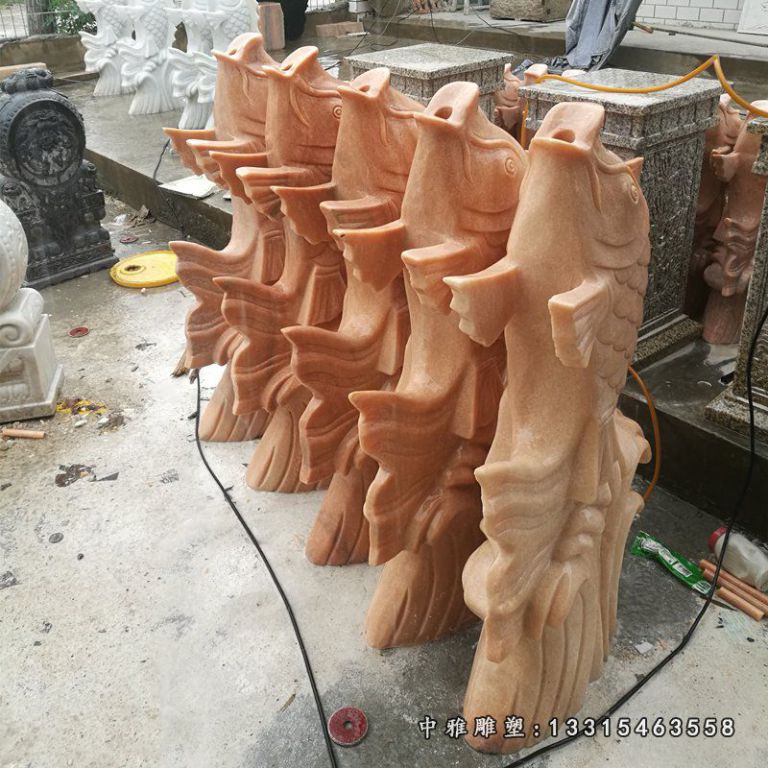 喷泉鱼石雕，晚霞红石雕鱼 (1)