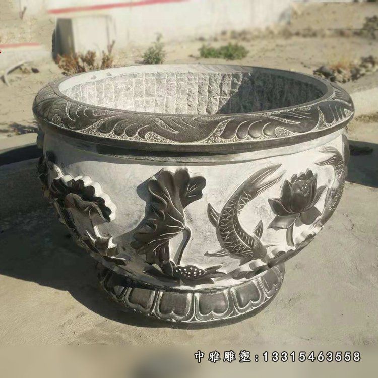 庭院景观摆件，仿古鲤鱼荷花石浮雕雕塑