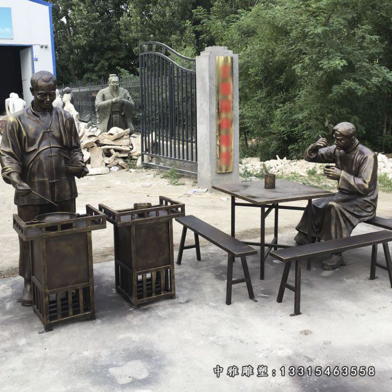 买卖小吃的人物铜雕，步行街小品铜雕
