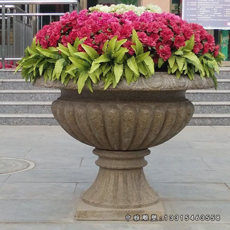 曲阳汉白玉石雕花盆欧式石雕水钵花岗岩花钵户外景观小品花盆雕塑41871