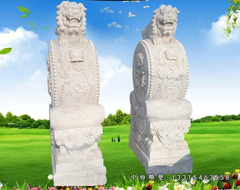 大理石狮子门墩 石雕抱鼓石摆件