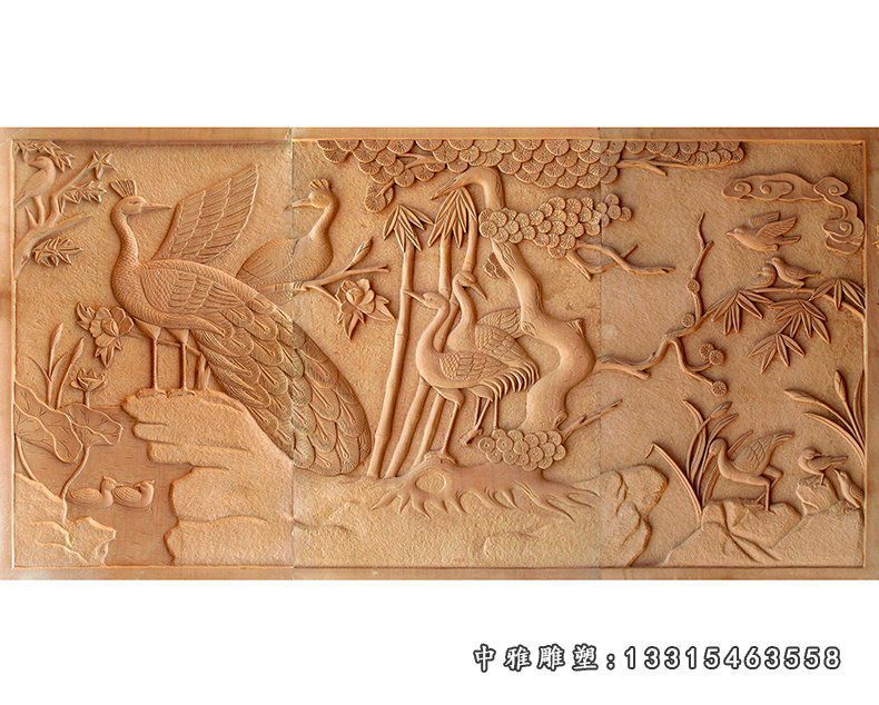 孔雀花草树木浮雕壁画大理石浮雕壁画
