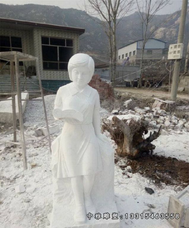 汉白玉女孩读书石雕，校园石雕