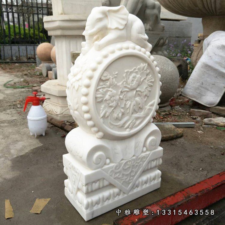 汉白玉小象抱鼓石 石雕门墩