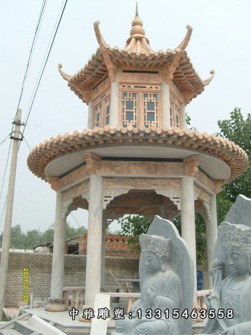 石凉亭，晚霞红凉亭，两层石凉亭