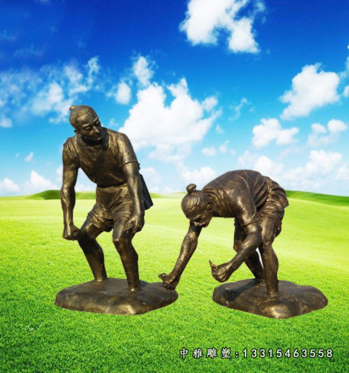 古人插秧雕塑，玻璃钢仿铜农耕人物雕塑