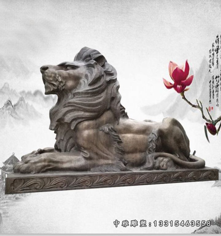 玻璃钢仿铜狮子雕塑，卧姿狮子雕塑