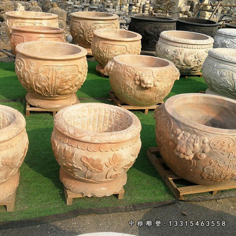 石雕仿古青石鱼缸晚霞红石雕花盆汉白玉荷花石头缸养鱼石材大鱼缸76647