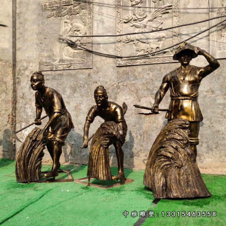 收割稻子的古代人物铜雕，公园农耕人物铜雕