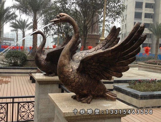 小区动物雕塑，喷水天鹅铜雕