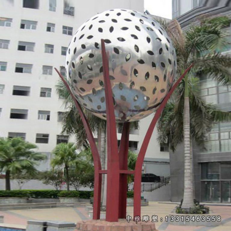 不锈钢树叶镂空球雕塑，校园景观摆件（1）