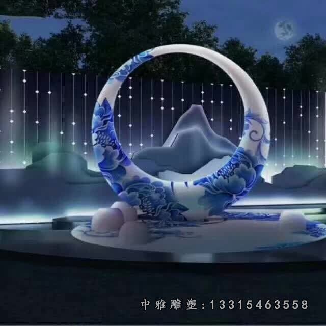 青花瓷不锈钢抽象月亮景观雕塑