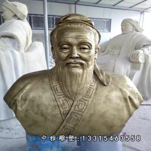 仿铜孔子胸像户外景观雕塑，玻璃钢仿铜人物雕塑