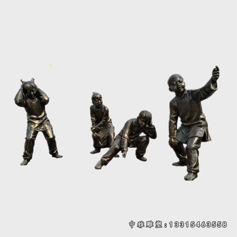 放鞭炮的古代儿童铜雕，公园民俗人物铜雕