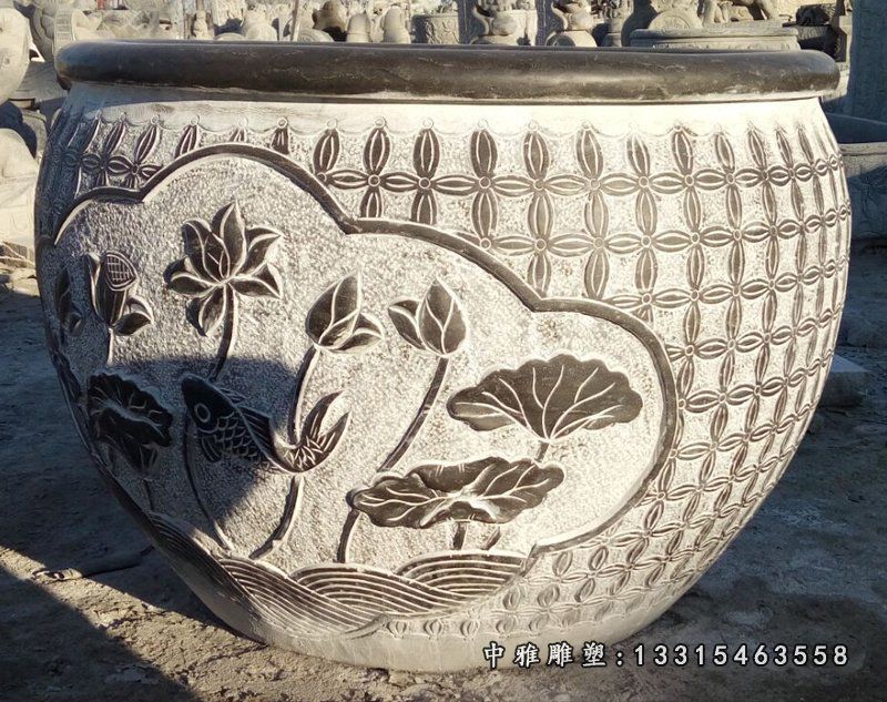 青石鲤鱼花盆 石雕别墅景观 (2)