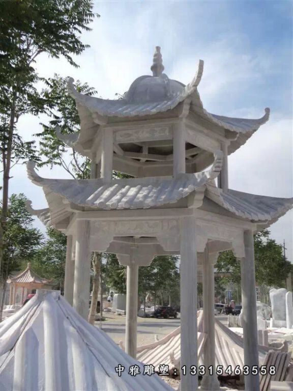 石雕凉亭，双层凉亭石雕