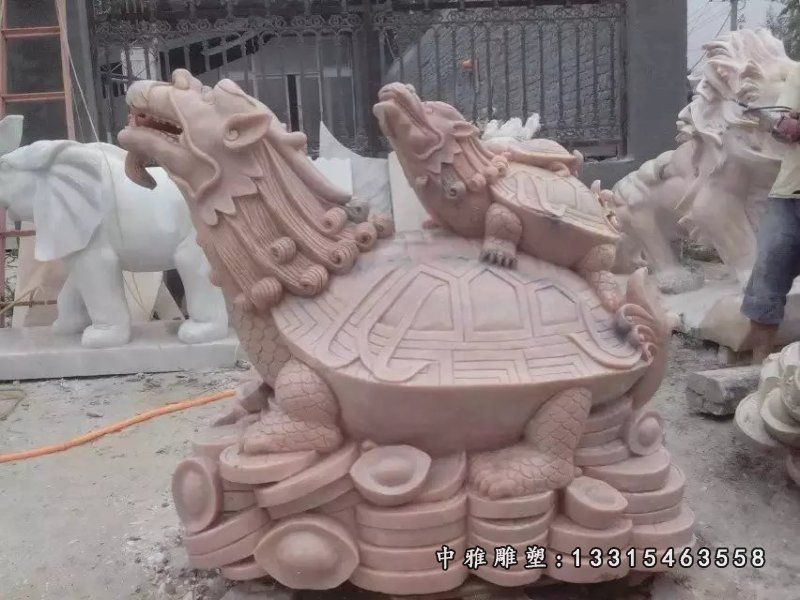 母子龙龟石雕，晚霞红龙龟雕塑 (2)