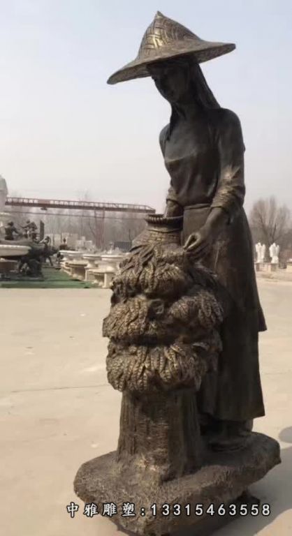 茶文化主题采茶的女孩铜雕