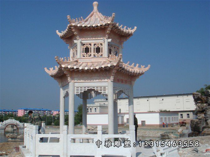 两层凉亭石雕，晚霞红中式凉亭雕塑