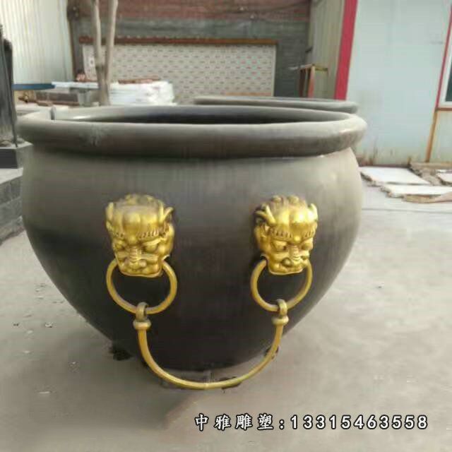 铜雕仿古狮子头水缸雕塑 (5)