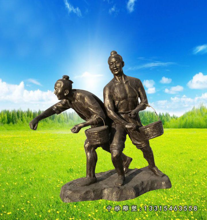 古人播种雕塑，玻璃钢仿铜农耕人物雕塑