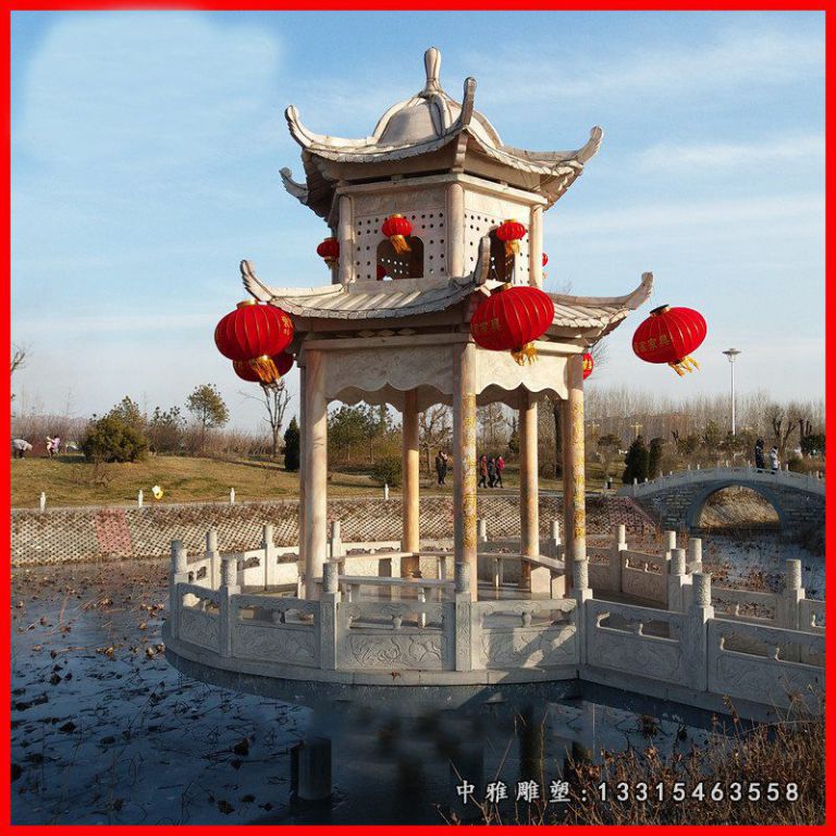 晚霞红六角双层凉亭，公园石雕凉亭