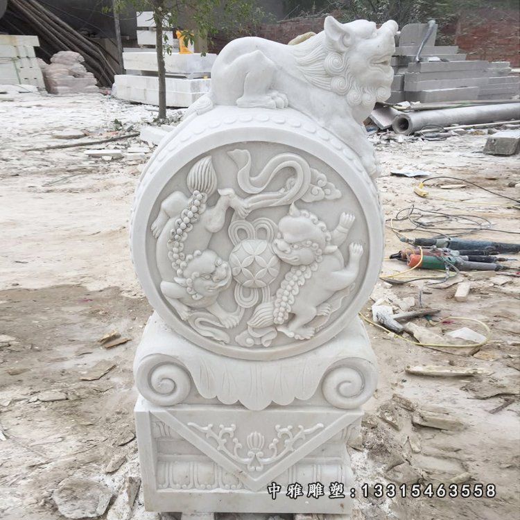 大理石狮子抱鼓 石雕庭院门口雕塑 (1)