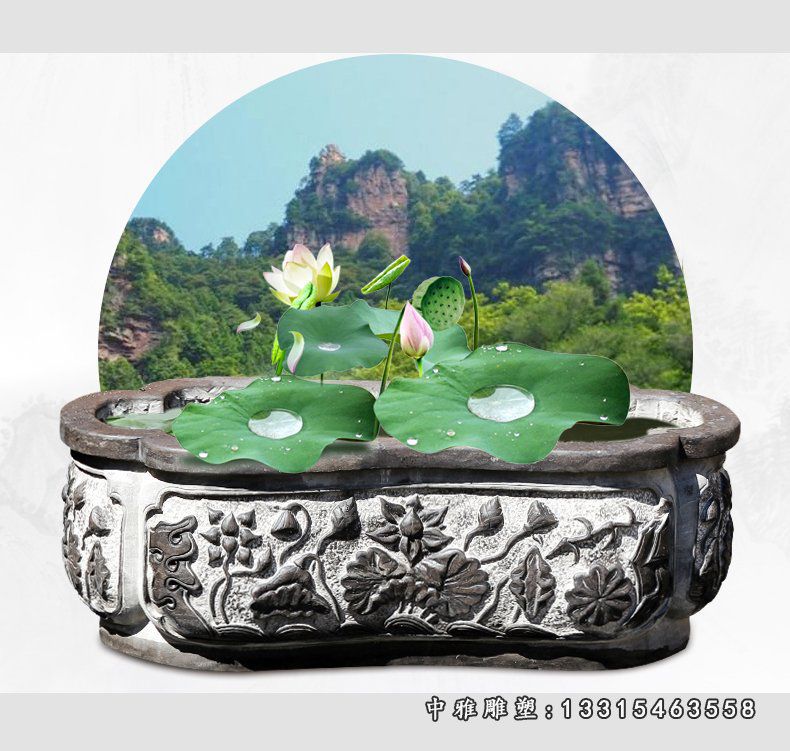 荷花石浮雕鱼缸，复古养鱼缸