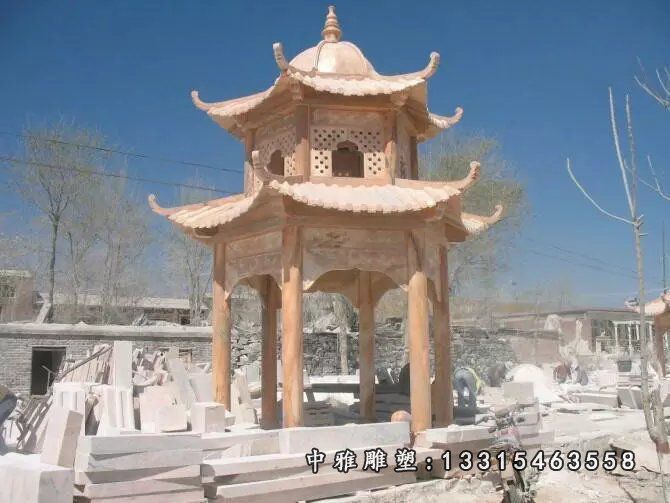 双层凉亭石雕，晚霞红凉亭雕塑 (4)